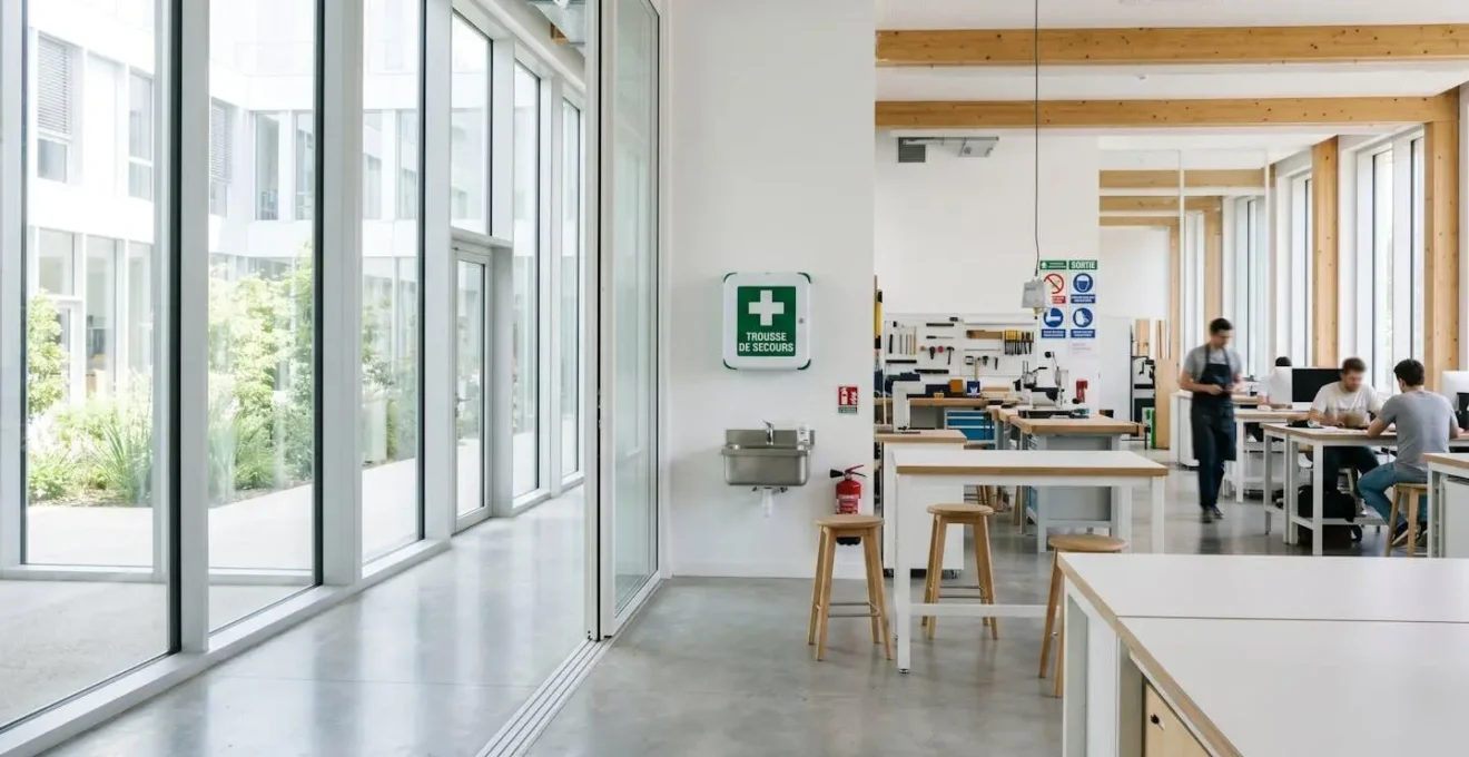 Vue d'ensemble d'un atelier contemporain avec armoire murale blanche portant une signalétique verte indiquant une trousse de secours avec pictogramme croix verte, environnement lumineux et rangé