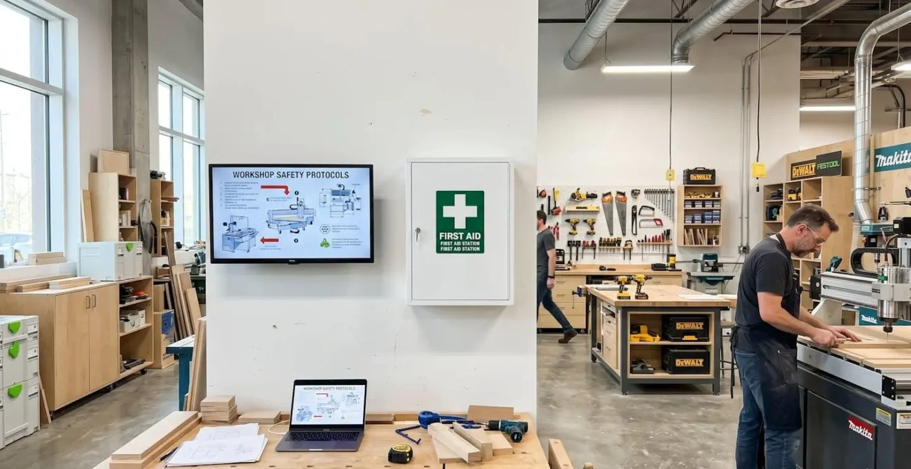 Vue d'ensemble d'un atelier contemporain avec armoire murale blanche portant une signalétique verte indiquant une trousse de secours avec pictogramme croix verte, environnement lumineux et rangé