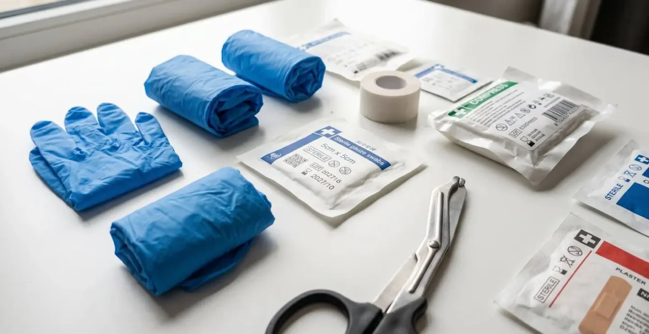 Gros plan sur le contenu d'une trousse de secours ouverte montrant pansements stériles emballés, compresses, ciseaux et gants disposés sur une surface blanche