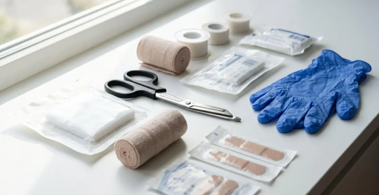 Gros plan sur le contenu d'une trousse de secours ouverte montrant pansements stériles emballés, compresses, ciseaux et gants disposés sur une surface blanche