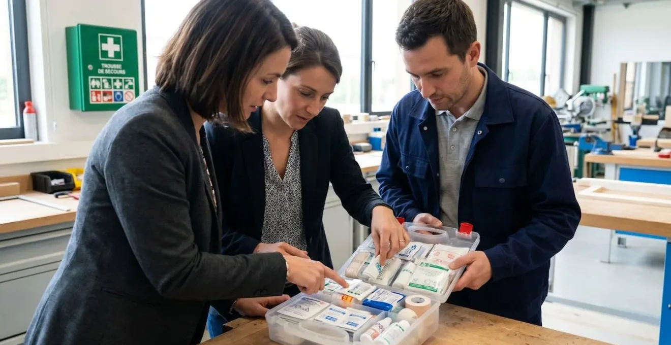 Deux professionnels en vêtements de travail contemporains vérifient ensemble le contenu d'une trousse de secours ouverte sur un établi dans un atelier lumineux