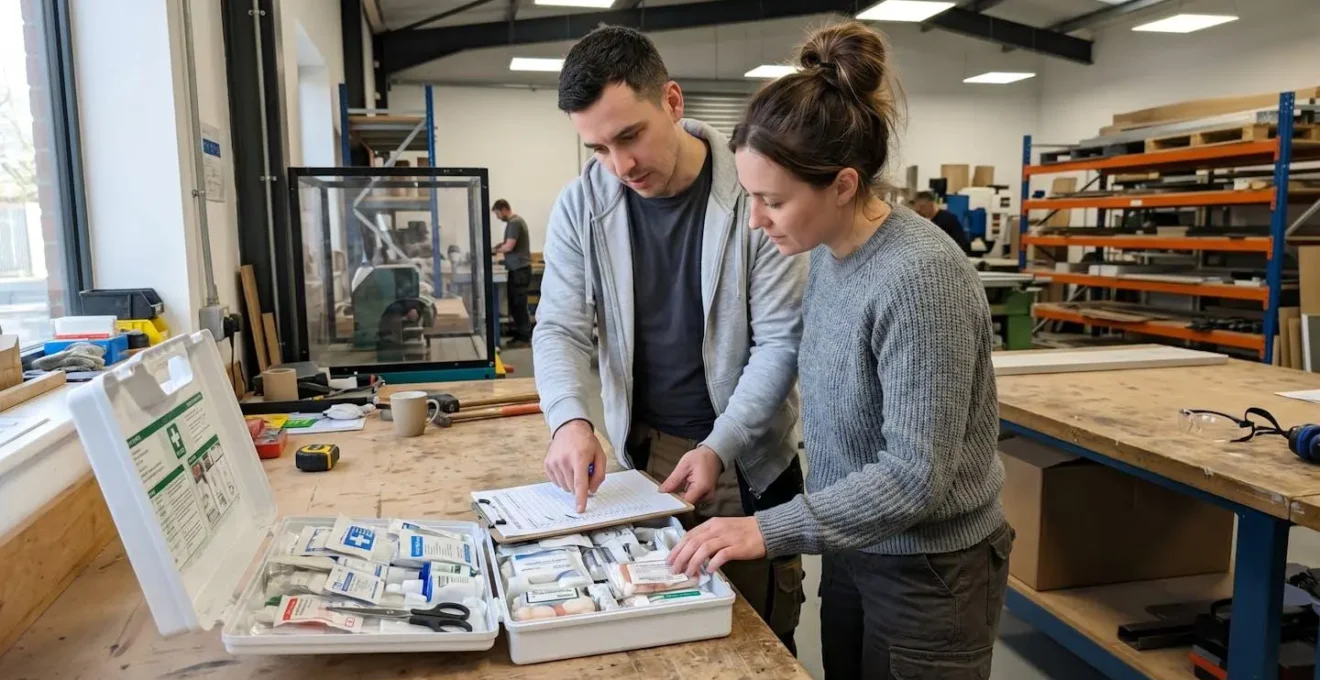 Deux professionnels en vêtements de travail contemporains vérifient ensemble le contenu d'une trousse de secours ouverte sur un établi dans un atelier lumineux