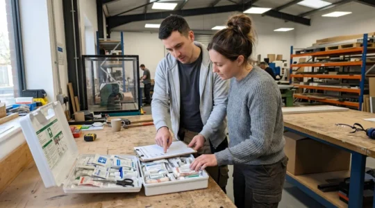 Deux professionnels en vêtements de travail contemporains vérifient ensemble le contenu d'une trousse de secours ouverte sur un établi dans un atelier lumineux
