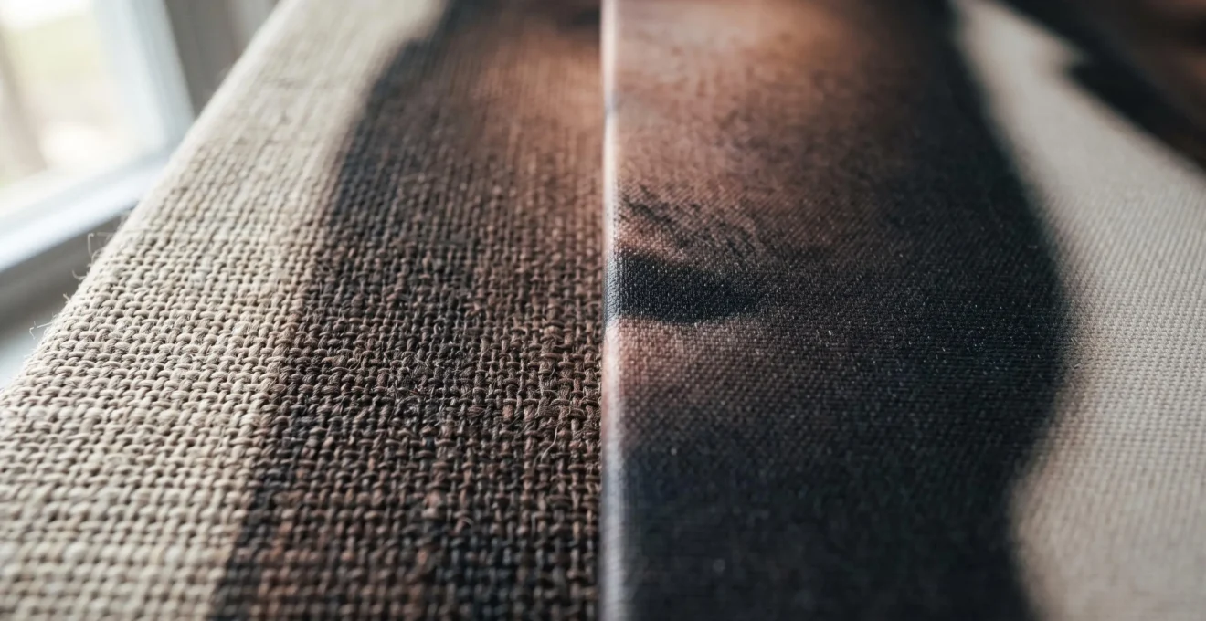 Vue macro comparative de deux textures de toiles photographiques imprimées côte à côte montrant les fibres du tissage