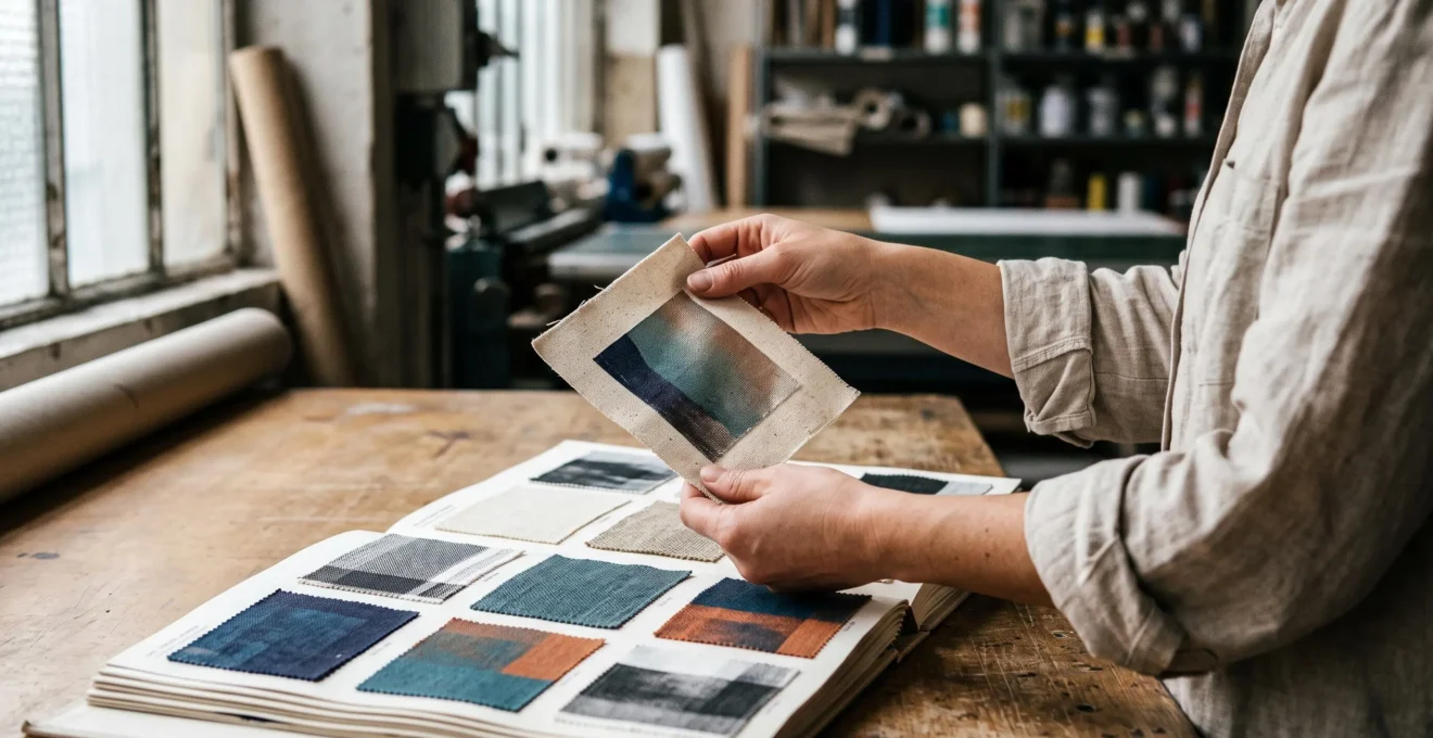 Mains d'un professionnel de l'impression sélectionnant un échantillon de toile dans un nuancier de supports canvas